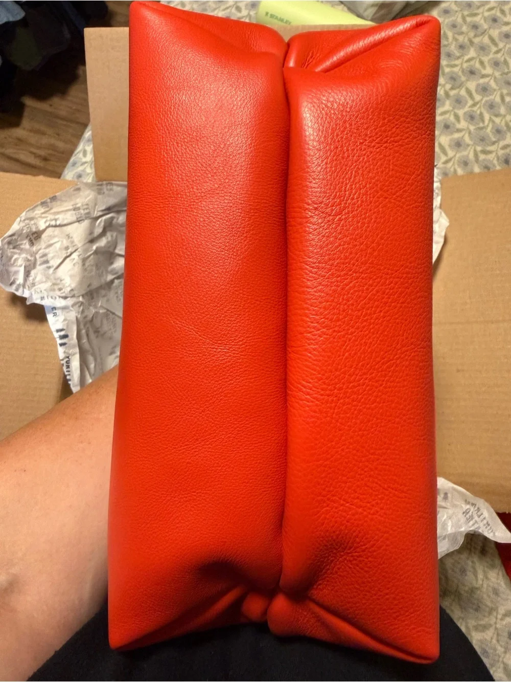 Poppy Red Leather Tote Bag with Dark Brown Handles